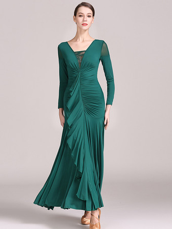 ダークグリーン社交ダンス衣装 イエロー レディース セクシー レース 透明 Vネック ポリエステル ドレス フリル レイヤード ダンスウェア