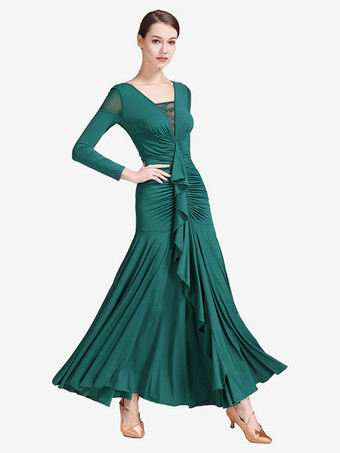 社交ダンス衣装 イエロー レディース セクシー レース 透明 Vネック ポリエステル ドレス フリル レイヤード ダンスウェア