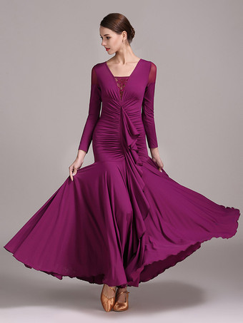 パープル 社交ダンス衣装 イエロー レディース セクシー レース 透明 Vネック ポリエステル ドレス フリル レイヤード ダンスウェア