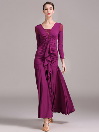 社交ダンス衣装 イエロー レディース セクシー レース 透明 Vネック ポリエステル ドレス フリル レイヤード ダンスウェア