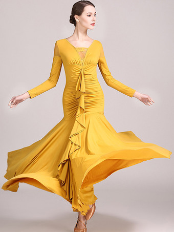 イエロー社交ダンス衣装 イエロー レディース セクシー レース 透明 Vネック ポリエステル ドレス フリル レイヤード ダンスウェア