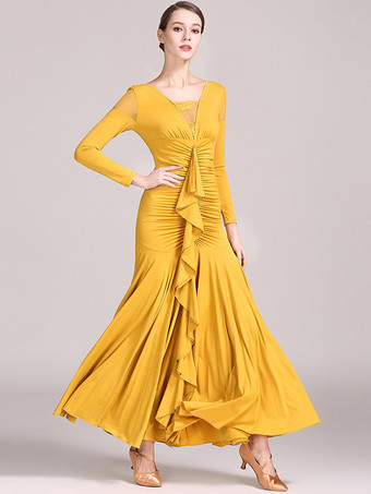 社交ダンス衣装 イエロー レディース セクシー レース 透明 Vネック ポリエステル ドレス フリル レイヤード ダンスウェア