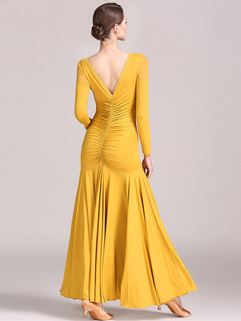 社交ダンス衣装 イエロー レディース セクシー レース 透明 Vネック ポリエステル ドレス フリル レイヤード ダンスウェア