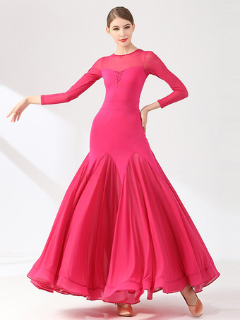 ローズレッド社交ダンス衣装 ブラック レディース エレガント 透明 ジュエルネック ドレス レイヤード ダンスドレス ワルツ サルサ ダンス衣装 タンゴ フラメンコ ダンスウェア