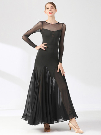 社交ダンス衣装 ブラック レディース エレガント 透明 ジュエルネック ドレス レイヤード ダンスドレス ワルツ サルサ ダンス衣装 タンゴ フラメンコ ダンスウェア