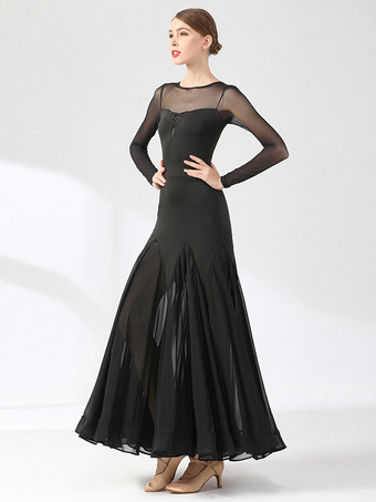 社交ダンス衣装 ブラック レディース エレガント 透明 ジュエルネック ドレス レイヤード ダンスドレス ワルツ サルサ ダンス衣装 タンゴ フラメンコ ダンスウェア