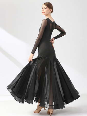 社交ダンス衣装 ブラック レディース エレガント 透明 ジュエルネック ドレス レイヤード ダンスドレス ワルツ サルサ ダンス衣装 タンゴ フラメンコ ダンスウェア