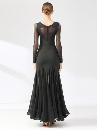 社交ダンス衣装 ブラック レディース エレガント 透明 ジュエルネック ドレス レイヤード ダンスドレス ワルツ サルサ ダンス衣装 タンゴ フラメンコ ダンスウェア