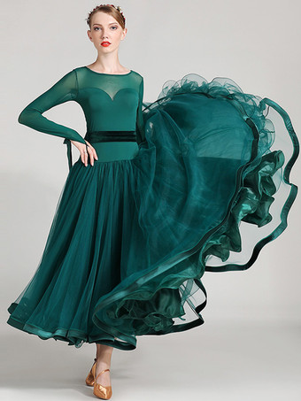 ダークグリーン社交ダンス衣装 ロイヤルブルー レディース セクシー ポリエステル 透明 ジュエルネック レイヤード フリル リボン ドレス ダンスドレス