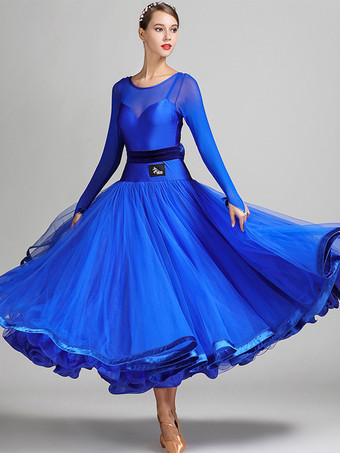 ロイヤルブルー社交ダンス衣装 ロイヤルブルー レディース セクシー ポリエステル 透明 ジュエルネック レイヤード フリル リボン ドレス ダンスドレス