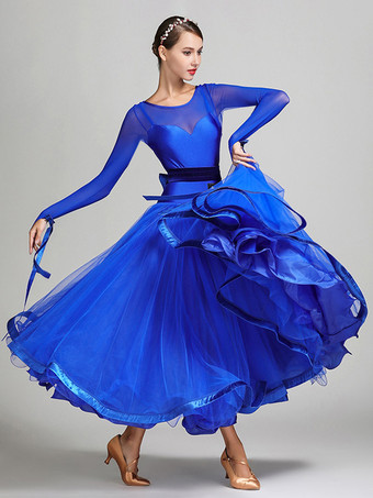 社交ダンス衣装 ロイヤルブルー レディース セクシー ポリエステル 透明 ジュエルネック レイヤード フリル リボン ドレス ダンスドレス