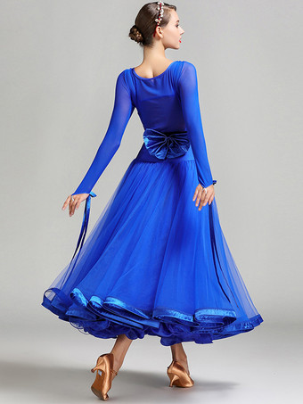 社交ダンス衣装 ロイヤルブルー レディース セクシー ポリエステル 透明 ジュエルネック レイヤード フリル リボン ドレス ダンスドレス