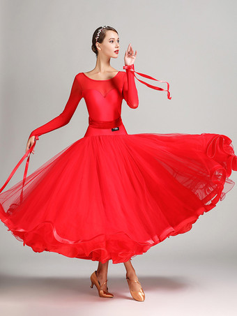 レッド 社交ダンス衣装 ロイヤルブルー レディース セクシー ポリエステル 透明 ジュエルネック レイヤード フリル リボン ドレス ダンスドレス