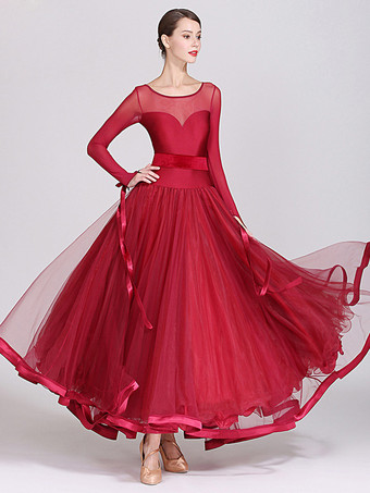 ワインレッド 社交ダンス衣装 ロイヤルブルー レディース セクシー ポリエステル 透明 ジュエルネック レイヤード フリル リボン ドレス ダンスドレス