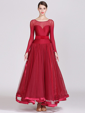 社交ダンス衣装 ロイヤルブルー レディース セクシー ポリエステル 透明 ジュエルネック レイヤード フリル リボン ドレス ダンスドレス