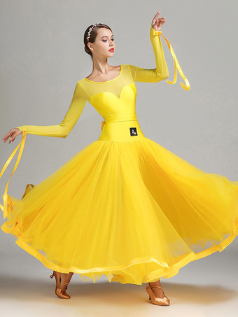 イエロー社交ダンス衣装 ロイヤルブルー レディース セクシー ポリエステル 透明 ジュエルネック レイヤード フリル リボン ドレス ダンスドレス