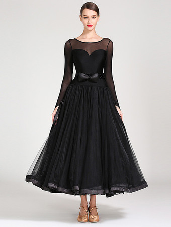 ブラック 社交ダンス衣装 ロイヤルブルー レディース セクシー ポリエステル 透明 ジュエルネック レイヤード フリル リボン ドレス ダンスドレス