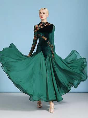 ダークグリーン社交ダンス衣装 ダークグリーン レディース セクシー 透明 スタンドカラー ベロアドレス ティアード レイヤード ダンスドレス