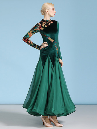 社交ダンス衣装 ダークグリーン レディース セクシー 透明 スタンドカラー ベロアドレス ティアード レイヤード ダンスドレス