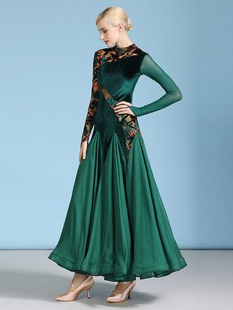 社交ダンス衣装 ダークグリーン レディース セクシー 透明 スタンドカラー ベロアドレス ティアード レイヤード ダンスドレス