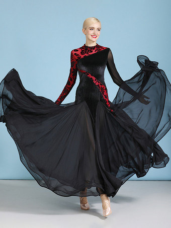 ブラック 社交ダンス衣装 ダークグリーン レディース セクシー 透明 スタンドカラー ベロアドレス ティアード レイヤード ダンスドレス