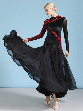 社交ダンス衣装 ダークグリーン レディース セクシー 透明 スタンドカラー ベロアドレス ティアード レイヤード ダンスドレス