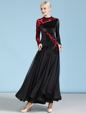 社交ダンス衣装 ダークグリーン レディース セクシー 透明 スタンドカラー ベロアドレス ティアード レイヤード ダンスドレス