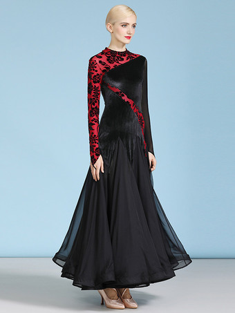 社交ダンス衣装 ダークグリーン レディース セクシー 透明 スタンドカラー ベロアドレス ティアード レイヤード ダンスドレス