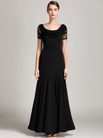 ブラック 社交ダンス衣装 バーガンディ レディース エレガント 透明 カウルネック ポリエステル ドレス レース フリル プリーツ ダンスドレス