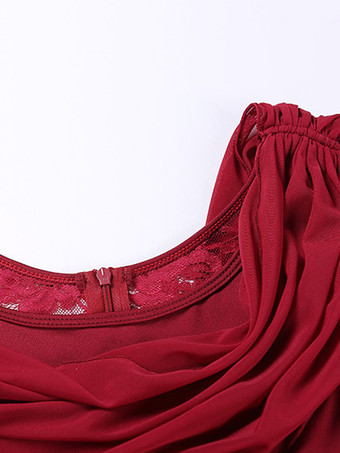 社交ダンス衣装 バーガンディ レディース エレガント 透明 カウルネック ポリエステル ドレス レース フリル プリーツ ダンスドレス