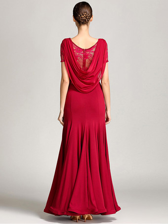 社交ダンス衣装 バーガンディ レディース エレガント 透明 カウルネック ポリエステル ドレス レース フリル プリーツ ダンスドレス