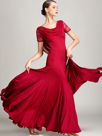 社交ダンス衣装 バーガンディ レディース エレガント 透明 カウルネック ポリエステル ドレス レース フリル プリーツ ダンスドレス