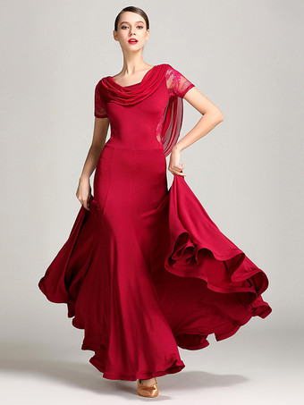 ワインレッド 社交ダンス衣装 バーガンディ レディース エレガント 透明 カウルネック ポリエステル ドレス レース フリル プリーツ ダンスドレス