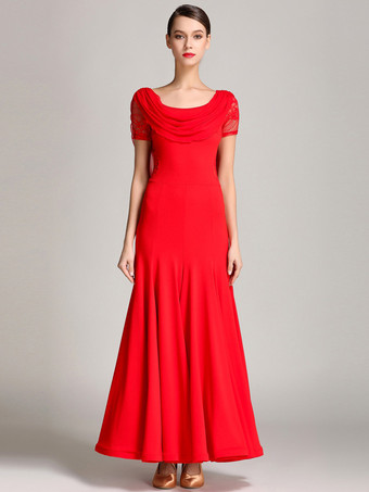 社交ダンス衣装 バーガンディ レディース エレガント 透明 カウルネック ポリエステル ドレス レース フリル プリーツ ダンスドレス