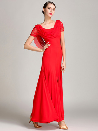 レッド 社交ダンス衣装 バーガンディ レディース エレガント 透明 カウルネック ポリエステル ドレス レース フリル プリーツ ダンスドレス