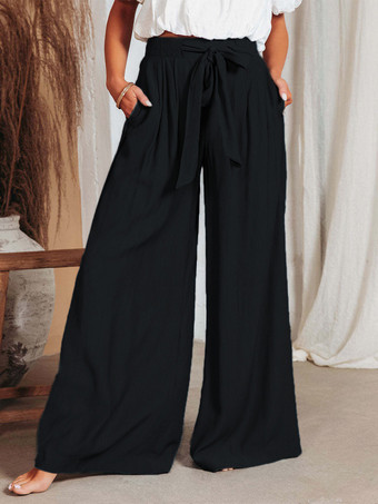 ブラック ブルー ワイドレッグ パンツ ハイウエスト レースアップ カジュアル フロアモップパンツ