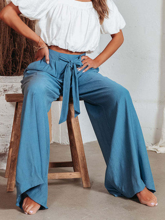 ブルー ワイドレッグ パンツ ハイウエスト レースアップ カジュアル フロアモップパンツ