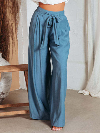 ブルー ワイドレッグ パンツ ハイウエスト レースアップ カジュアル フロアモップパンツ