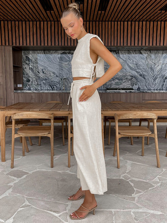 コットンリネンパンツセット ノースリーブ レースアップ サマーカジュアル ツーピース コーデセット 2025