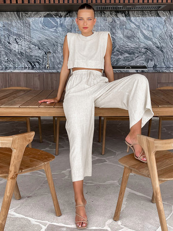 コットンリネンパンツセット ノースリーブ レースアップ サマーカジュアル ツーピース コーデセット 2025