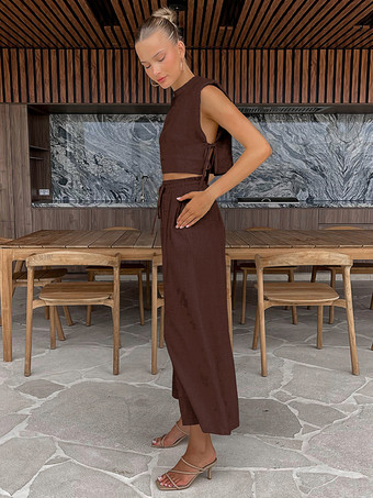 ブラウン コットンリネンパンツセット ノースリーブ レースアップ サマーカジュアル ツーピース コーデセット 2025