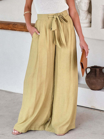 カーキ ブルー ワイドレッグ パンツ ハイウエスト レースアップ カジュアル フロアモップパンツ