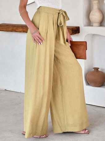ブルー ワイドレッグ パンツ ハイウエスト レースアップ カジュアル フロアモップパンツ