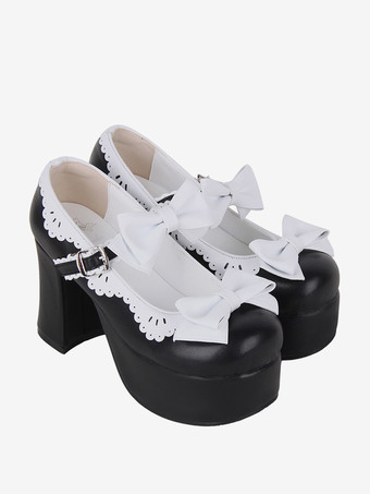 スイートロリータサンダル リボン ラウンドトゥ リボン PUレザー ブラック ロリータ サマーシューズ