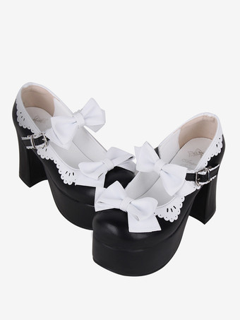 スイートロリータサンダル リボン ラウンドトゥ リボン PUレザー ブラック ロリータ サマーシューズ