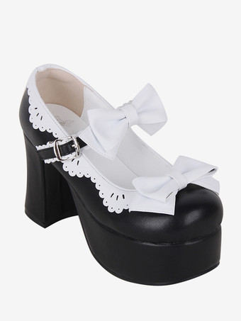 スイートロリータサンダル リボン ラウンドトゥ リボン PUレザー ブラック ロリータ サマーシューズ