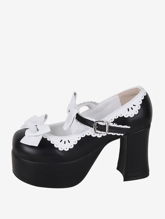 スイートロリータサンダル リボン ラウンドトゥ リボン PUレザー ブラック ロリータ サマーシューズ