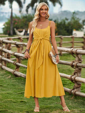 サマードレス デュアルストラップ ノットフロント バックレス プリーツ カジュアル ミディドレス