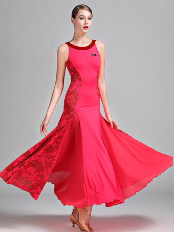 レッド 社交ダンス衣装 ブラック レディース エレガント レース 透明 ジュエルネック ポリエステル ドレス レース ストレッチ ダンスウェア