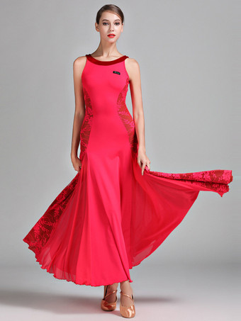 社交ダンス衣装 ブラック レディース エレガント レース 透明 ジュエルネック ポリエステル ドレス レース ストレッチ ダンスウェア